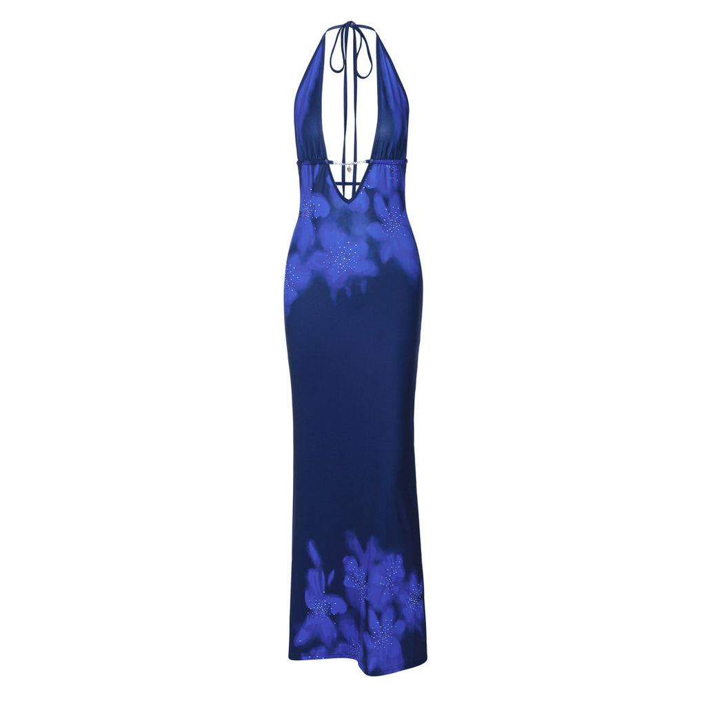 Printed Sexy Backless Slim Slit Lace-Up Dress
