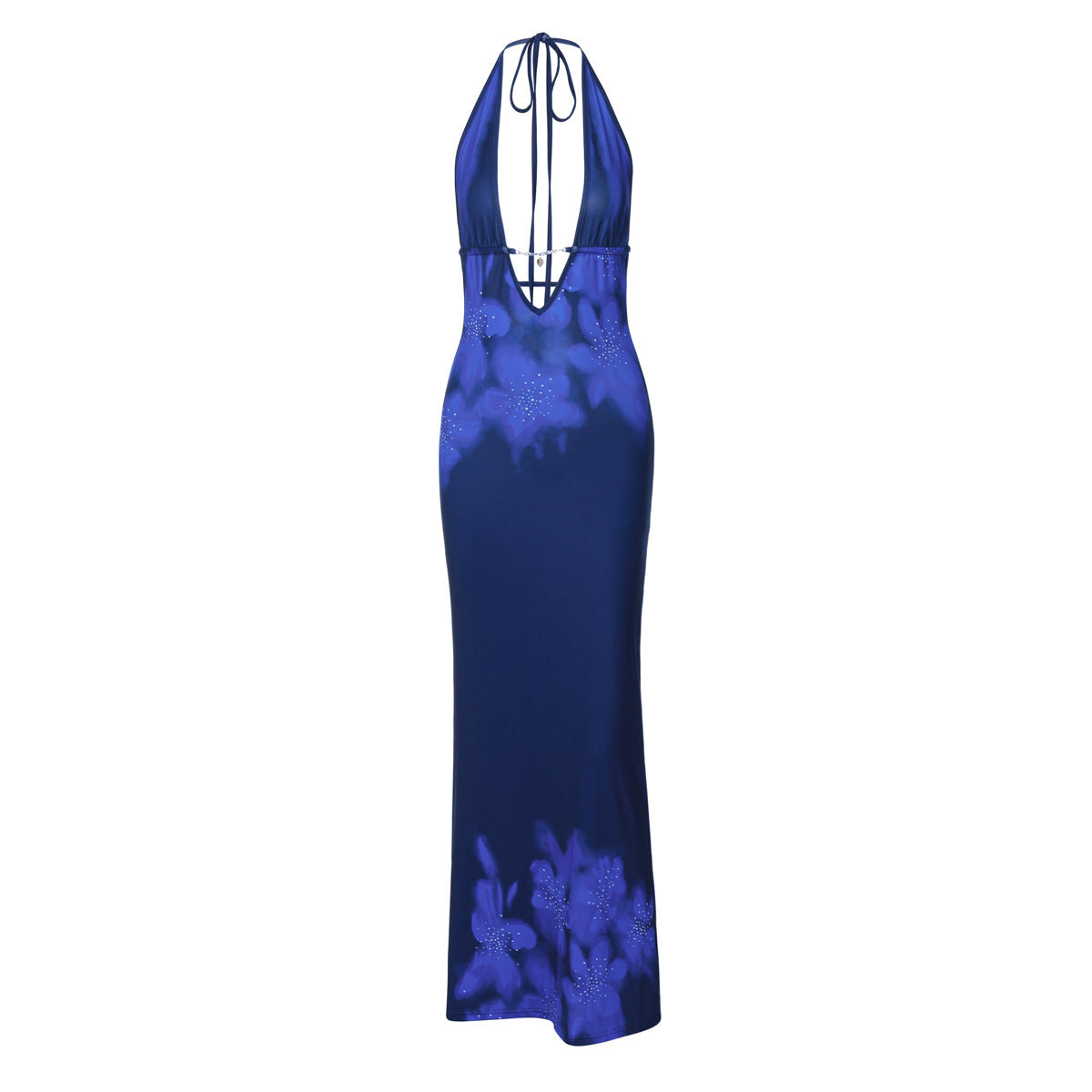 Printed Sexy Backless Slim Slit Lace-Up Dress