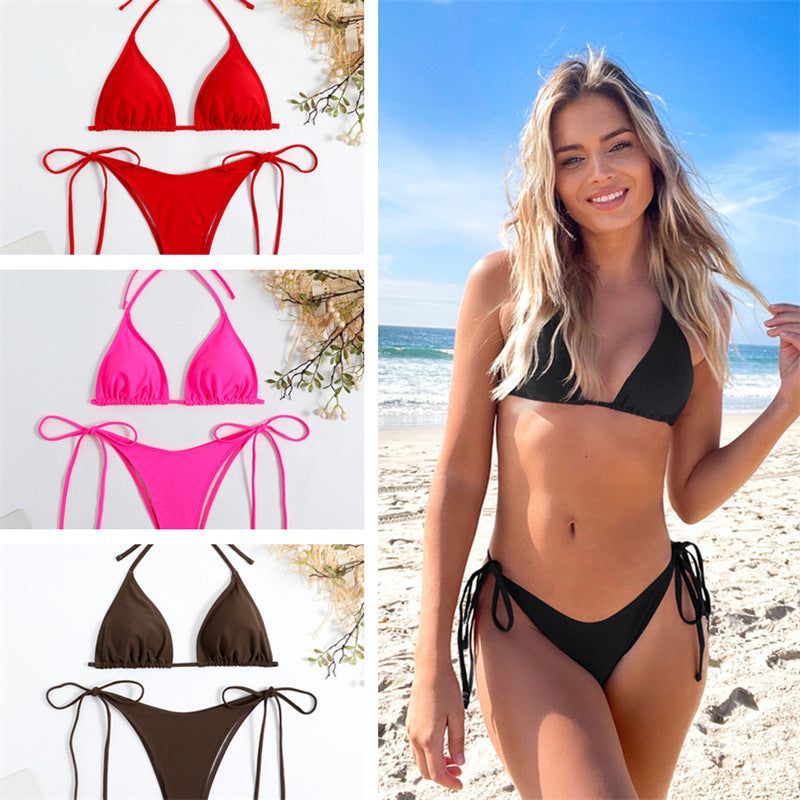 Solid Color Bubble Fabric Bikini Swimsuit